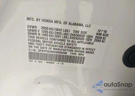 2017 Honda Pilot Elite из США, поврежденный, VIN 5FNYF6H0XHB009200